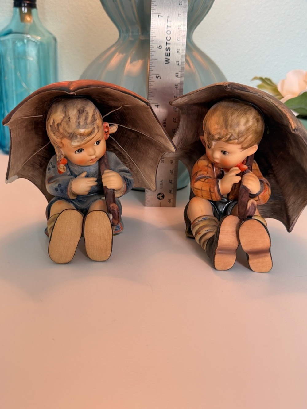 Hummel Boy and Girl Umbrella Figurine Pair - Blue & Orange Accents
